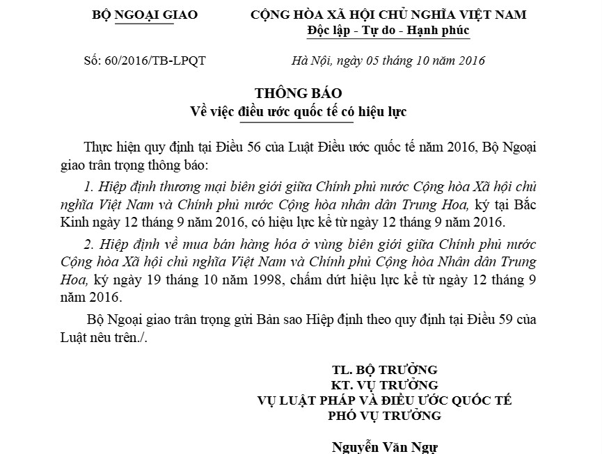 Thông báo 60/2016/TB-LPQT hiệu lực của Hiệp định thương mại biên giới giữa Việt Nam - Trung Hoa năm 2016