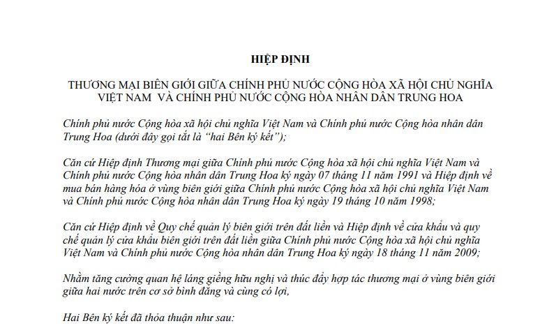 TOÀN VĂN: Hiệp định Thương mại biên giới Việt Nam - Trung Quốc