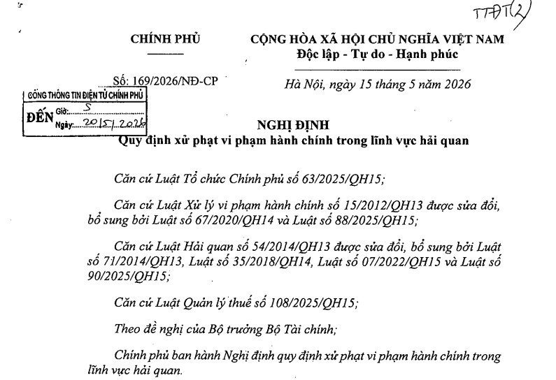 Nghị định số 169/2026/NĐ-CP quy định xử phạt vi phạm hành chính trong lĩnh vực hải quan.