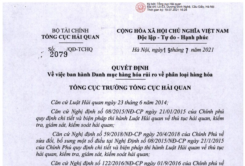 Quyết định 2079/QĐ-TCHQ 2021 Danh mục hàng hóa rủi ro về phân loại hàng hóa