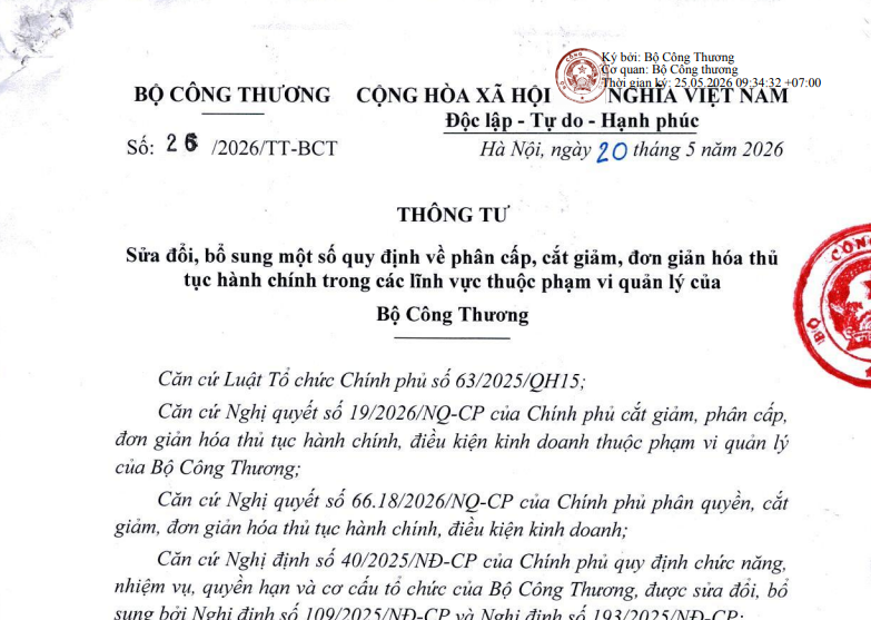 Thông tư số 26/2026/TT-BCT của Bộ Công thương