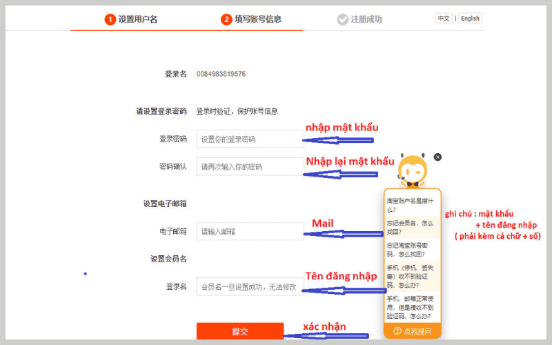 Nhập thông tin thành viên taobao