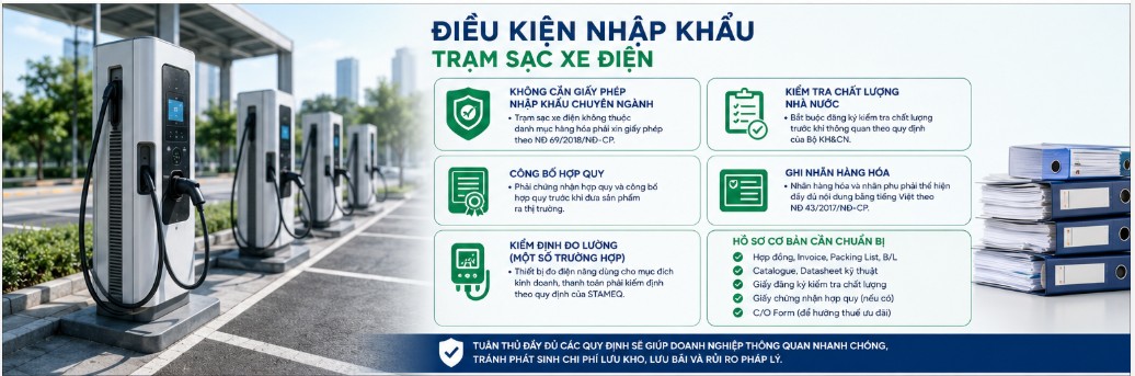 Điều kiện nhập khẩu và kiểm định bắt buộc với trạm sạc xe điện