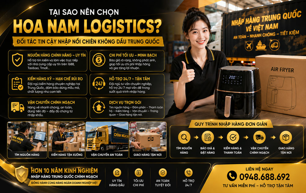 Nhập nồi chiên không dầu Trung Quốc cùng Hoa Nam Logistics